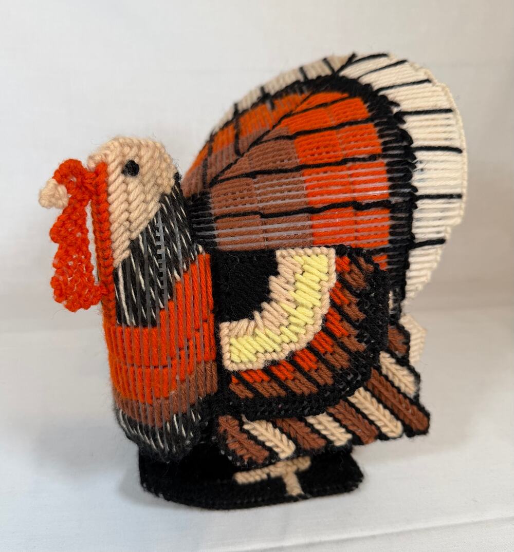 Vintage Needlepoint Plastic Canvas Turkey Decor 70s 80s Thanksgiving Fall Decor